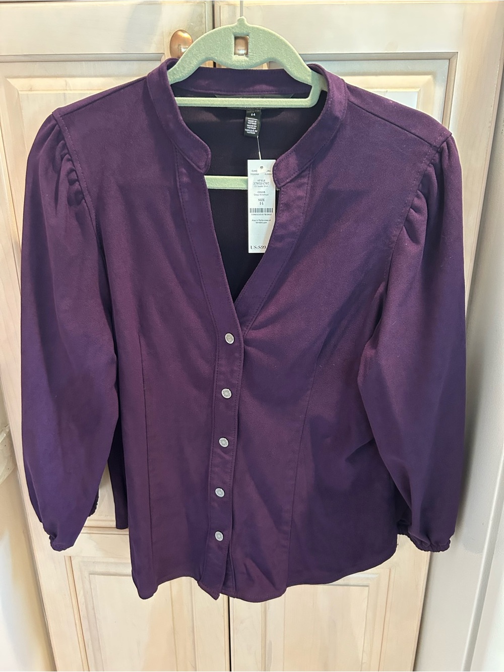 White House Black Market WHBM Vegan Suede Button Top Deep Amethyst Size 14 NWT
